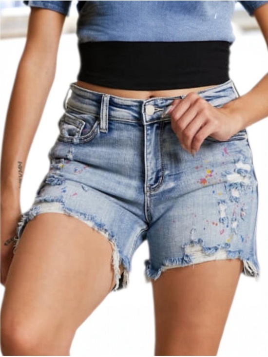 Judy Blue Pants - $49.00- Judy Blue Mid Rise Rainbow Paint Splash Cutoff Denim Jean Short
